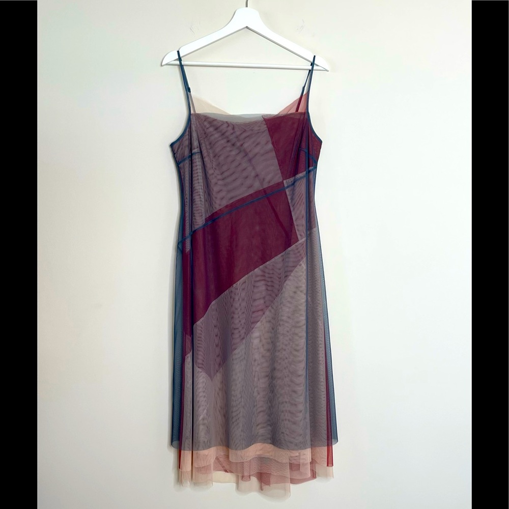 BCBG MAXAZRIA Asymmetrical Spaghetti Strap Multi Color Tulle Dress size Large